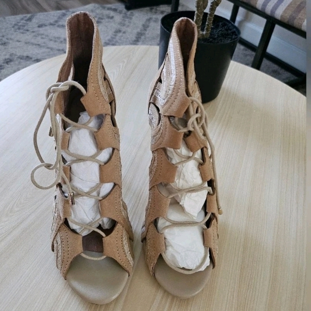 Joie Women Nude Suede Lace Up Heeled Sandals Open Toe Cutout Gladiator Heels Sz6 - Picture 7 of 11